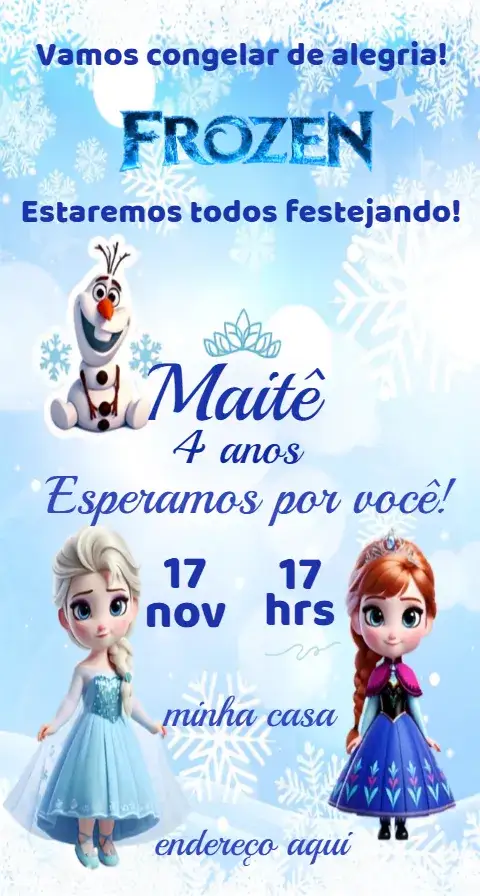 Convite Convite Infantil Frozen Digital – tema Aniversário azul claro, temática Frozen, elementos de gelo, estilo lúdico, gráficos de personagens, cores vibrantes
