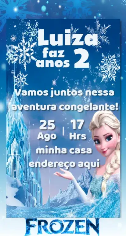 Convite Convite Infantil Frozen Digital – tema Aniversário cores frias, elementos de inverno, design lúdico, estilo encantado, ilustrações de personagens, tema de fantasia