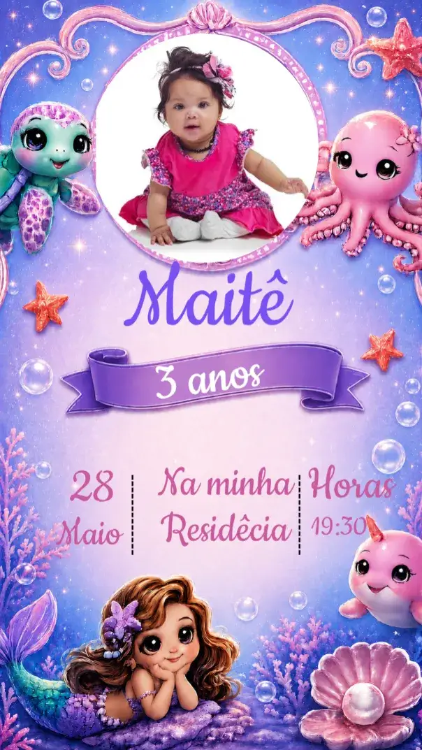 Invitación Convite Infantil Fundo do mar menina com foto – tema Aniversário Infantil fundo do mar, sereia, colorido, infantil, fantasia, marinho