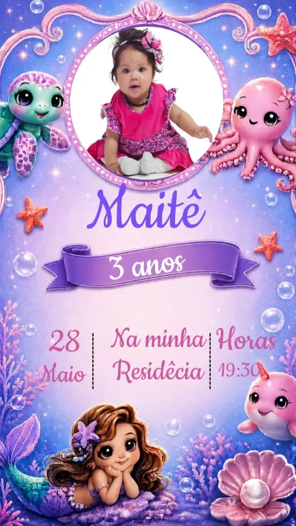 Convite Infantil Fundo do mar menina com foto
