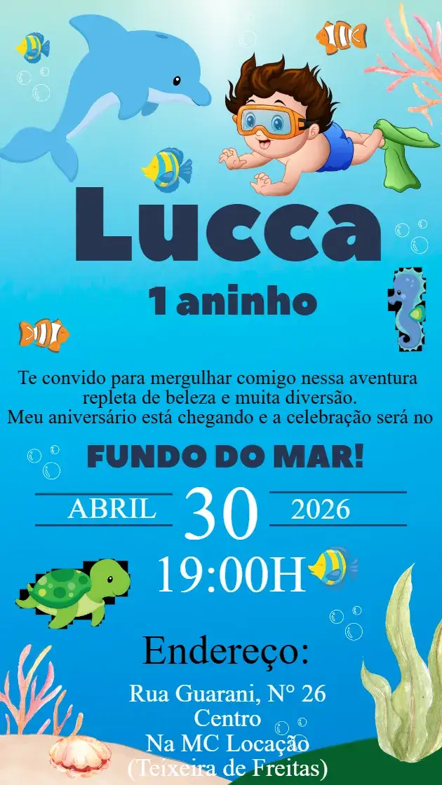Convite Convite infantil Fundo do Mar menino – tema Aniversário Infantil marinho, colorido, divertido, tropical, vibrante, infantil