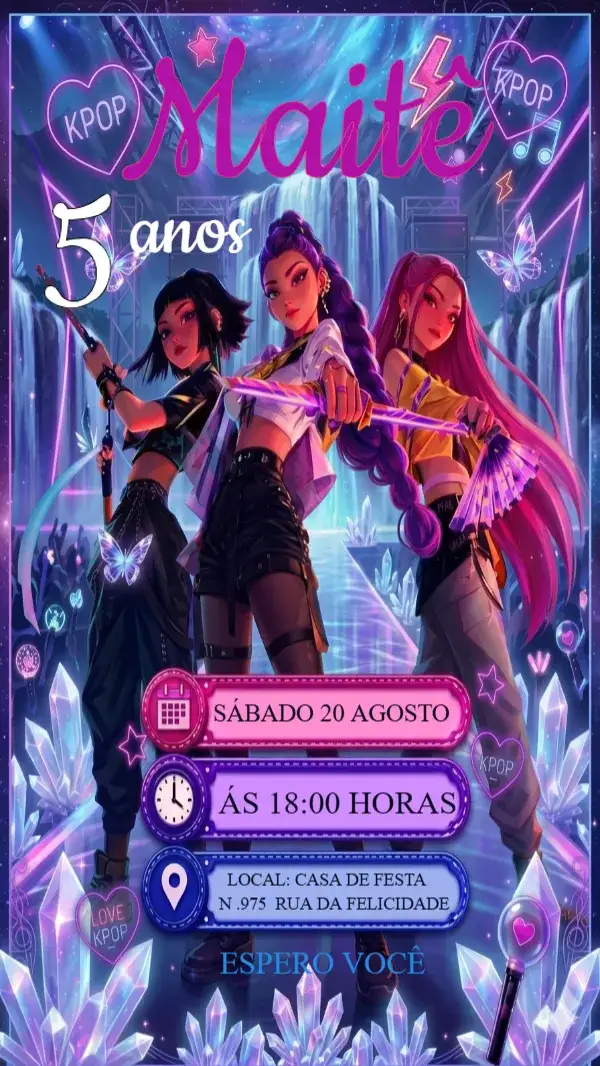 Convite Convite Infantil - Guerreiras do K-Pop – tema Aniversário Infantil colorido, moderno, pop, divertido, jovial, temático