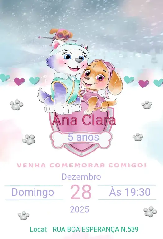 Convite Convite Infantil Patrulha Canina Rosa – tema Aniversário Infantil aquarela, rosa, lúdico, divertido, colorido, infantil