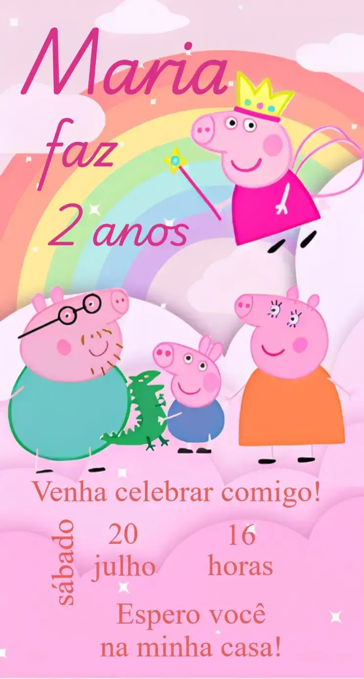 Convite Convite Infantil Peppa Pig Digital – tema Aniversário colorido, divertido, infantil, temático, ilustrações de personagens