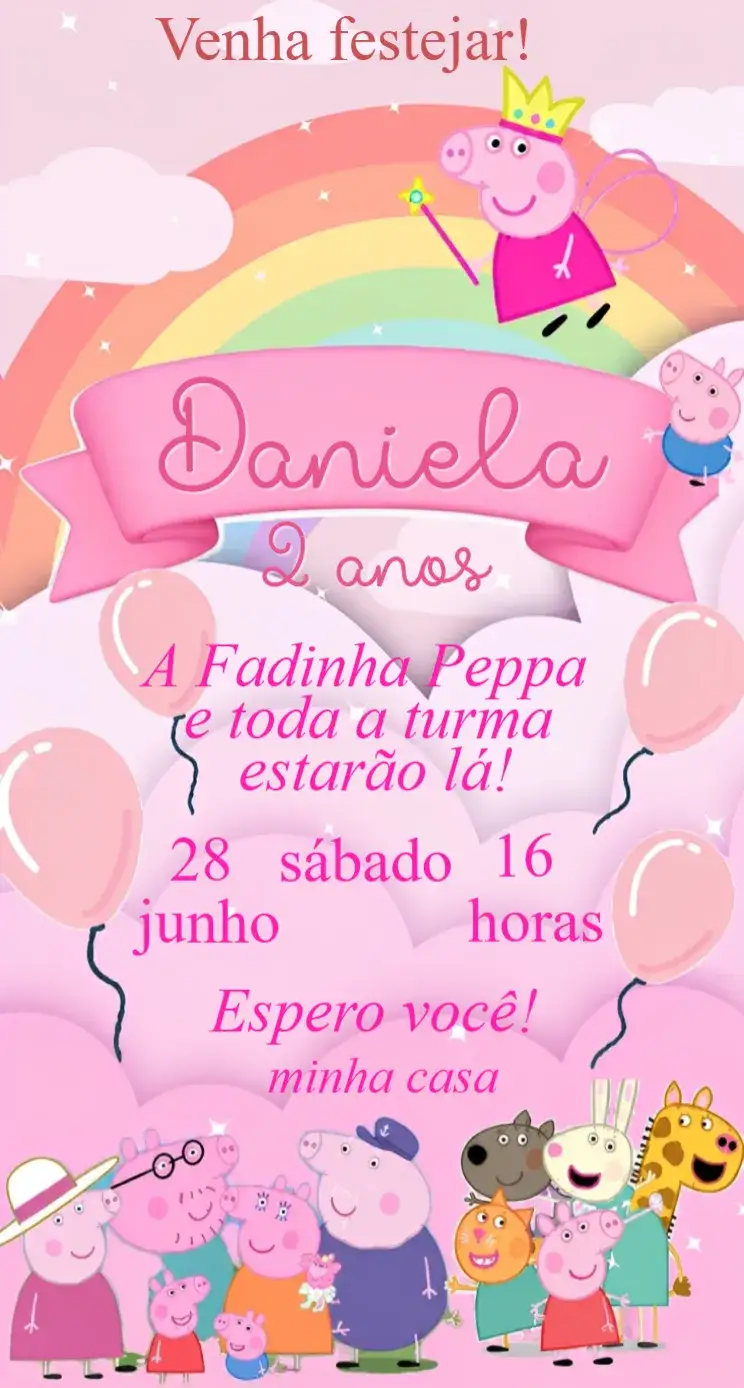 Convite Convite Infantil Peppa Pig Digital – tema Aniversário colorido, divertido, infantil, ilustrações animadas, temática de desenho, alegre