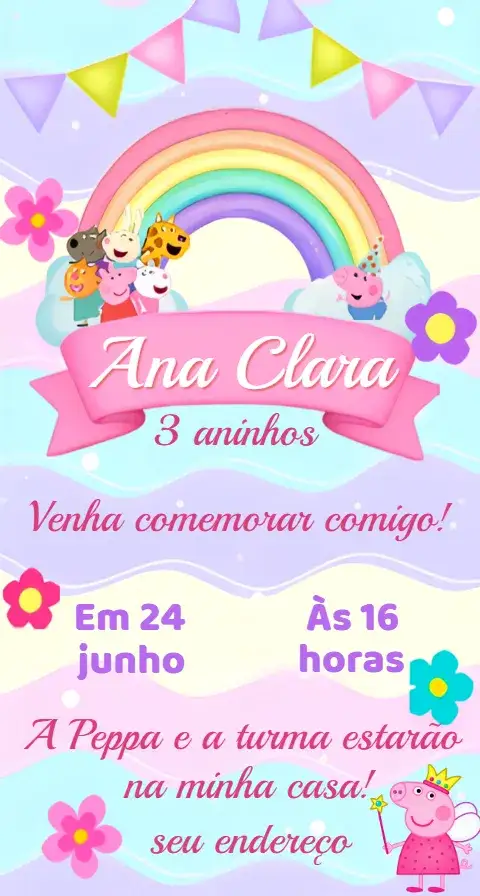 Convite Convite Infantil Peppa Pig Digital – tema Aniversário colorido, divertido, infantil, temático, ilustrações animadas