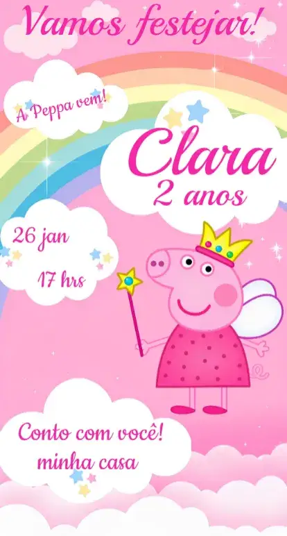 Convite Convite Infantil Peppa Pig Digital – tema Aniversário colorido, divertido, infantil, ilustrações da série, brincalhão, temática de desenho animado