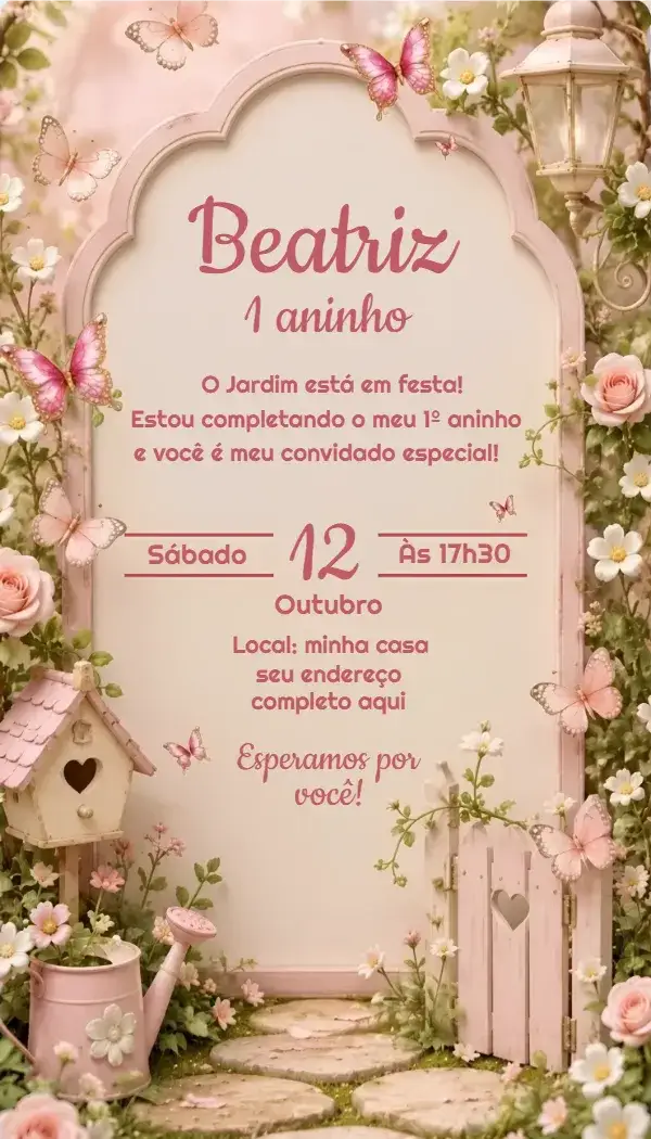 Convite Convite Jardim Encantado – tema Aniversário jardim, borboletas, cores vibrantes, natureza, fantasia, ilustrações lúdicas