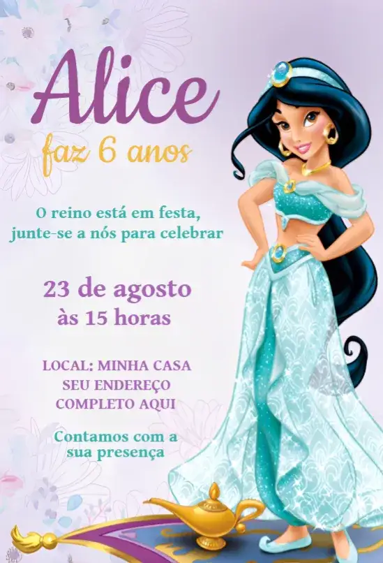 Convite Convite Jasmine – tema Aniversário cores vibrantes, estilo Disney, elementos gráficos de princesa, design leve, temática encantada, ilustrações coloridas