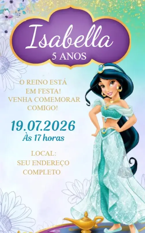 Convite Convite Jasmine – tema Aniversário cores vibrantes, estilo árabe, elementos gráficos da Disney, design encantador, tema de princesa, toque mágico