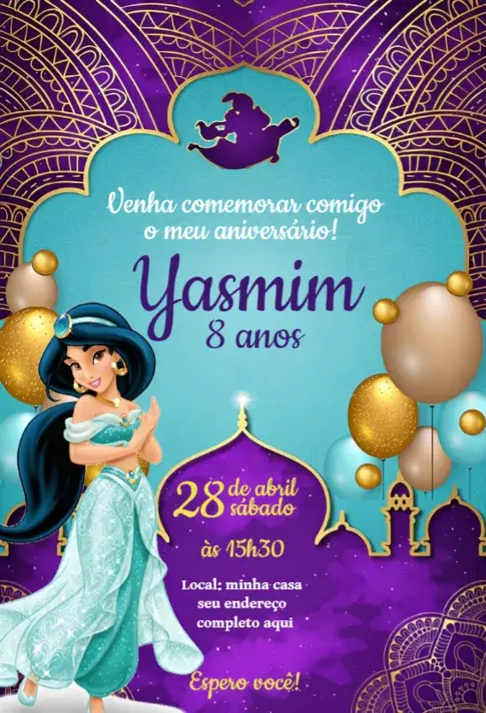 Convite Convite Jasmine – tema Aniversário cores vibrantes, estilo mágico, elementos de fantasia, design encantador, detalhes da cultura árabe
