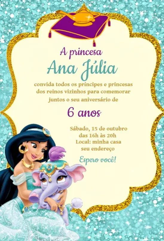 Convite Convite Jasmine – tema Aniversário colorido, fantasia, princesas, divertido, mágico