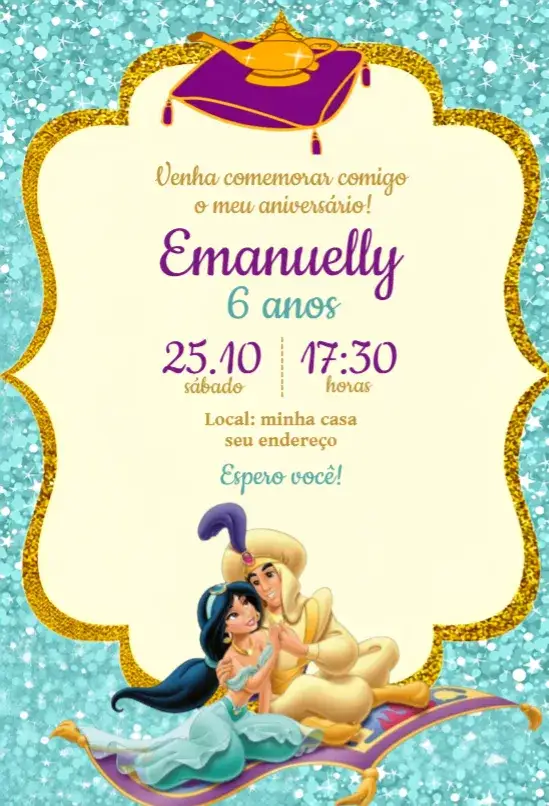 Convite Convite Jasmine – tema Aniversário cores vibrantes, estilo encantado, elementos gráficos da Disney, inspirado em Aladdin, design colorido, tema de princesas
