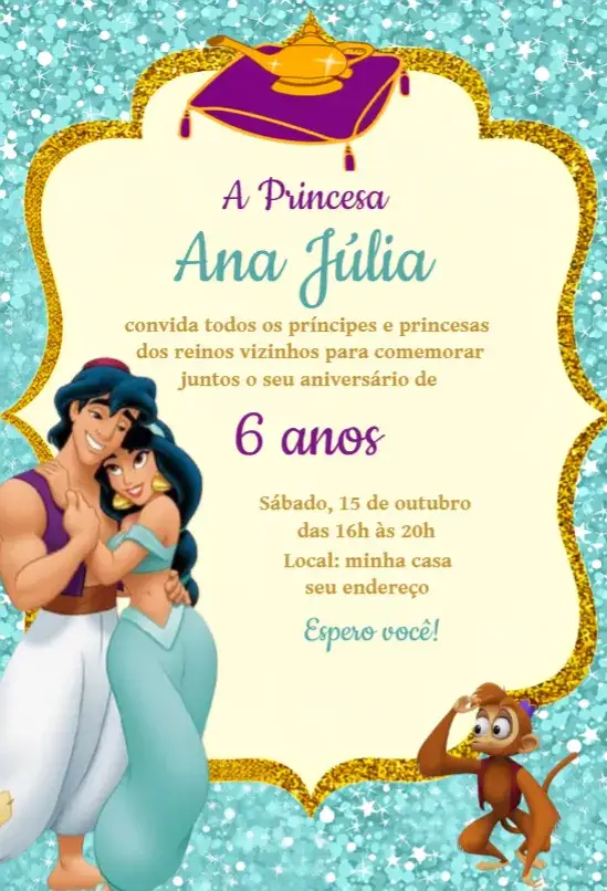 Convite Convite Jasmine – tema Aniversário cores vibrantes, estilo árabe, elementos gráficos de princesa, toques de magia, design encantador, inspirado na Disney