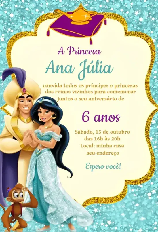 Convite Convite Jasmine – tema Aniversário cores vibrantes, estilo oriental, elementos mágicos, ilustrações da Disney, detalhes gráficos, tema de aventura
