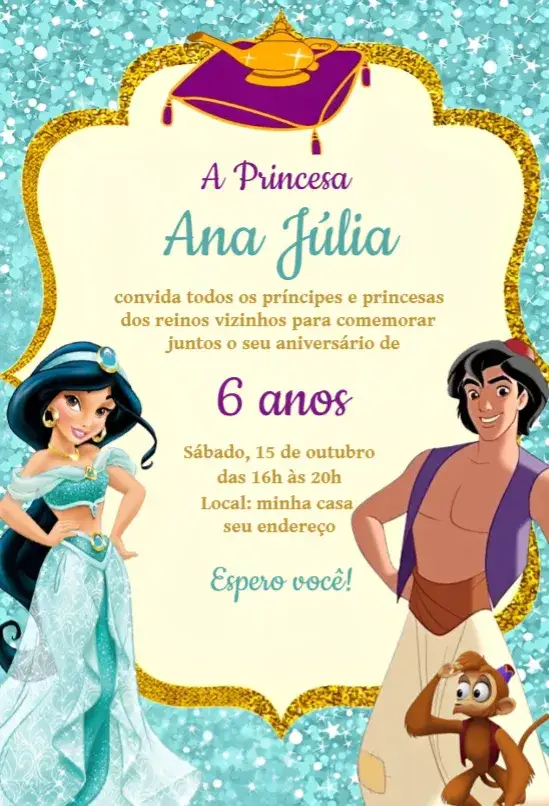 Convite Convite Jasmine e Aladdin – tema Aniversário colorido, fantasia, mágico, temático Disney, moderno, ilustrações vibrantes