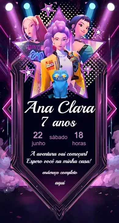 Invitación Convite Guerreiras Do K-Pop Digital – tema Aniversário colorido, moderno, jovem, dinâmico, pop, temático
