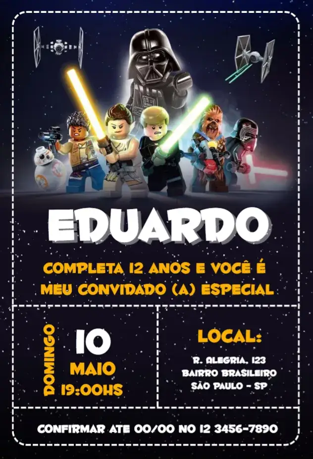 Invitación Convite Lego Stars Wars – tema Aniversário Infantil futurista, colorido, brinquedos, cósmico, divertido