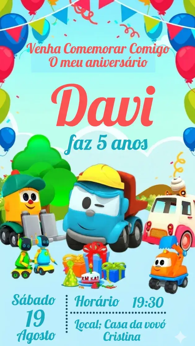 Convite Convite Leo, o Caminhão. – tema Aniversário Infantil colorido, divertido, infantil, temático, brincalhão
