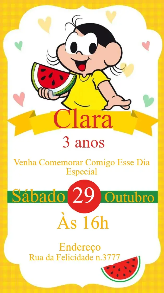 Invitation Convite Magali – Aniversário Infantil theme cores vibrantes, ilustrações lúdicas, estilo cartoon, elementos da natureza, design divertido