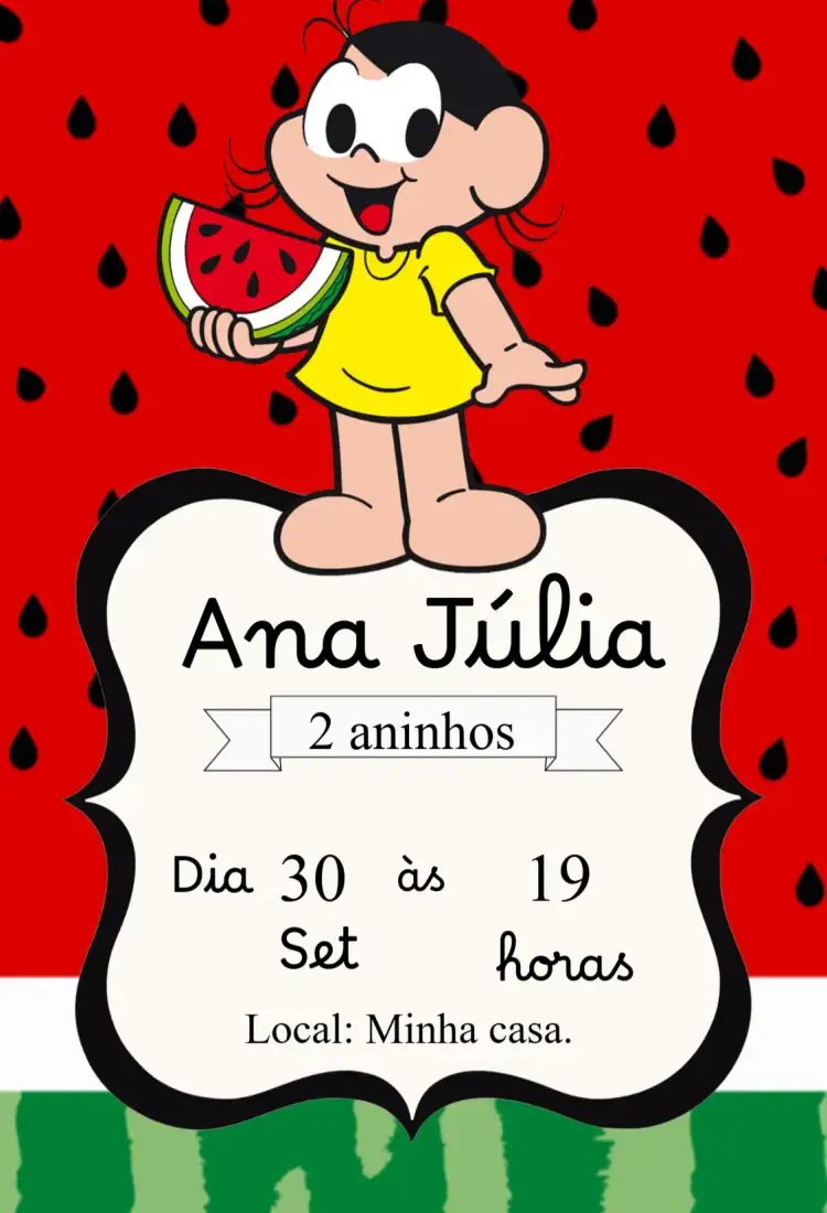 Convite Convite Magali – tema Aniversário Infantil colorido, divertido, infantil, ilustrações alegres, personagem Magali, festivo