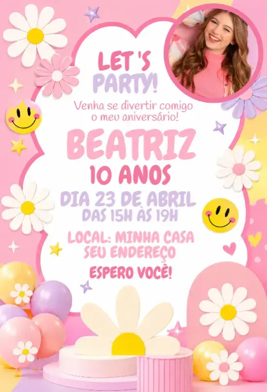 Convite Convite Margarida Emoji – tema Aniversário colorido, divertido, infantil, moderno, lúdico