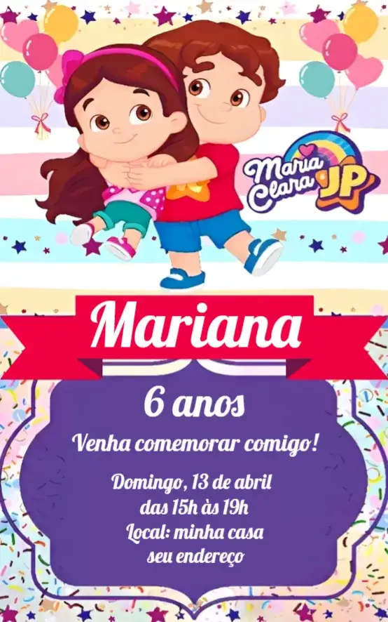 Convite Convite Maria Clara e JP – tema Aniversário colorido, divertido, moderno, infantil, temático