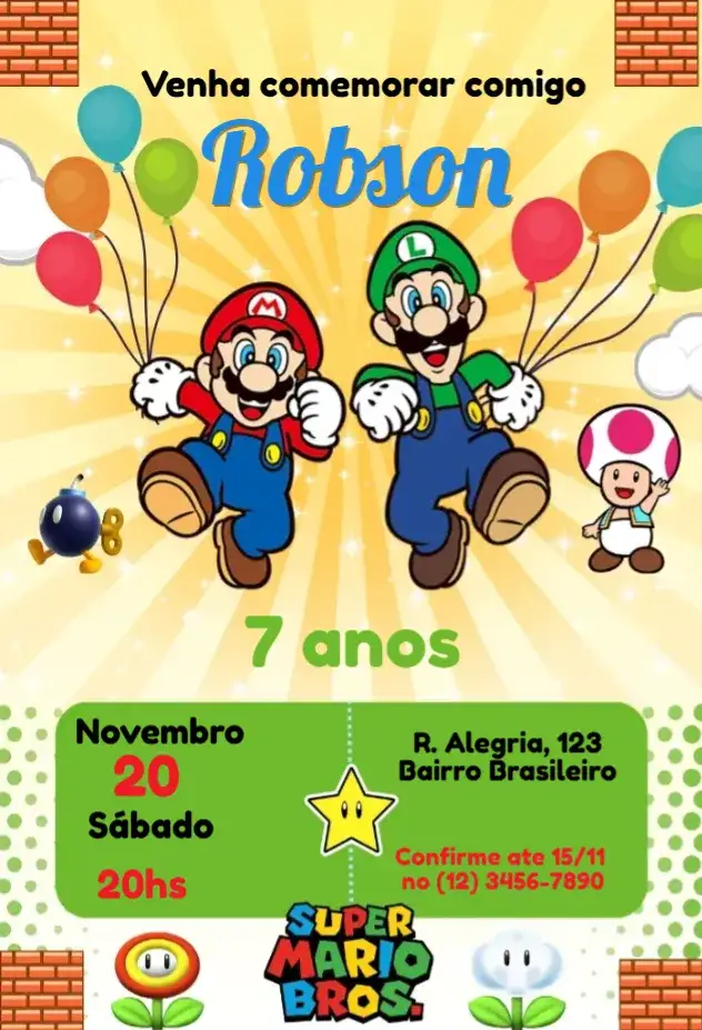 Convite Convite Mario e Luigi – tema Aniversário Infantil colorido, divertido, jogos, fantasia, infantil