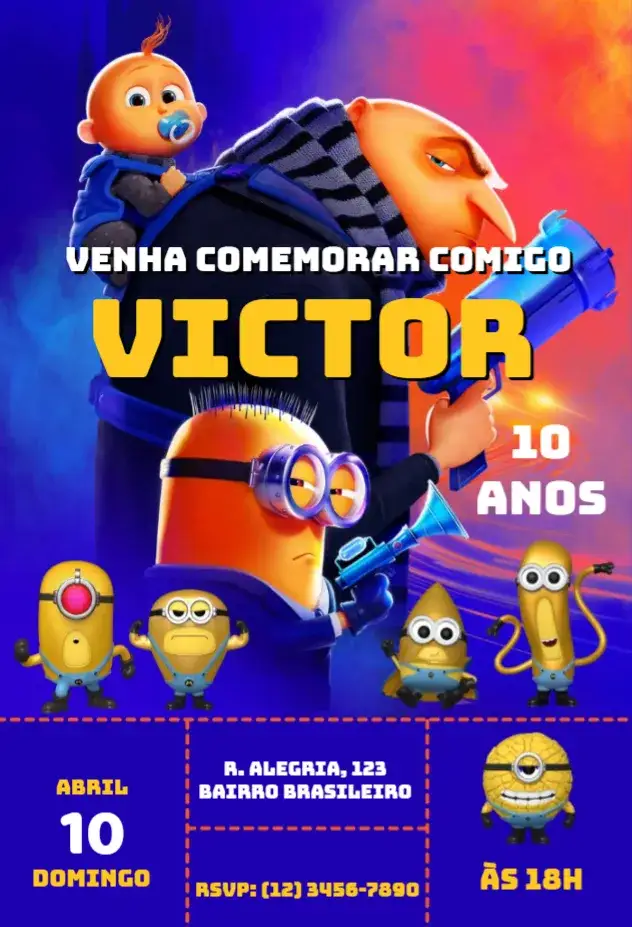 Invitación Convite Meu Malvado Favorito Minions 4 – tema Aniversário Infantil divertido, colorido, animado, infantil, temático