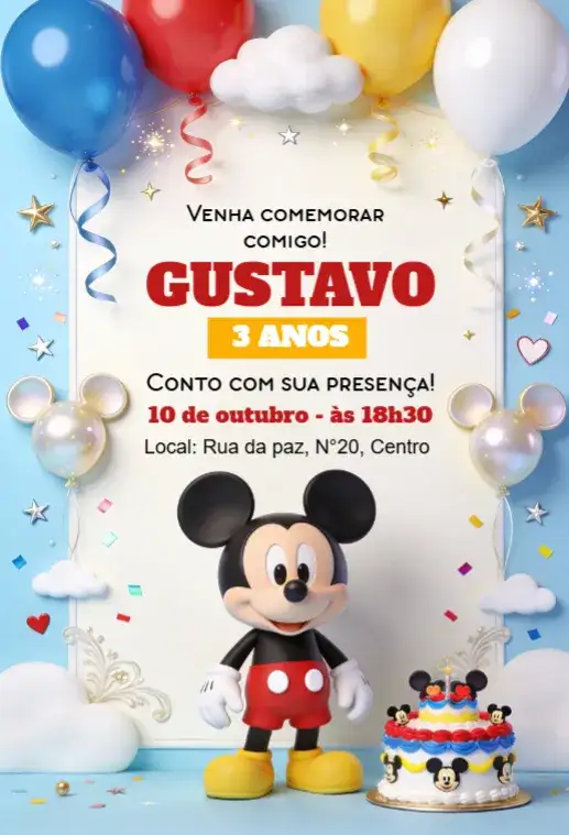 Invitation Convite Mickey Mouse – Cartão theme colorido, divertido, infantil, temático, Disney, vibrante