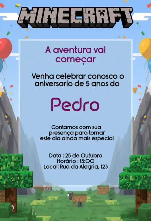 Convite Minecraft Aniversário Infantil Digital Editável