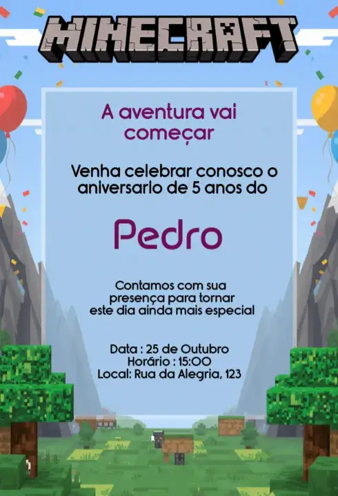 Invitación Convite Minecraft Aniversário Infantil Digital Editável – tema Aniversário Infantil pixelado, colorido, divertido, moderno, jogos, aventura