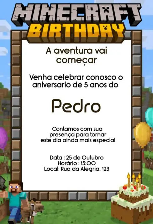 Convite Minecraft Aniversário Infantil Digital Editável