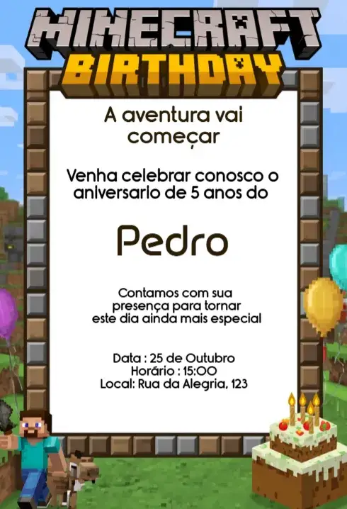 Invitación Convite Minecraft Aniversário Infantil Digital Editável – tema Aniversário Infantil gamer, pixelado, colorido, divertido, temático