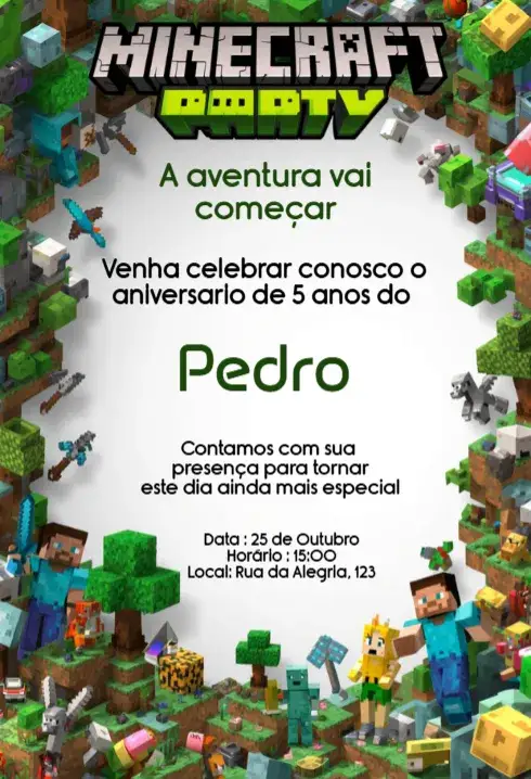 Invitación Convite Minecraft Aniversário Infantil Digital Editável – tema Aniversário Infantil estilo gamer, cores vibrantes, elementos do jogo, design divertido, visual interativo