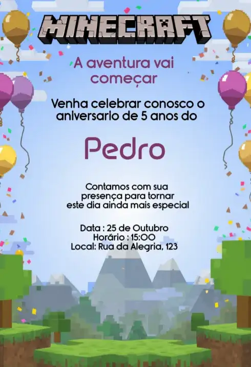Convite Minecraft Aniversário Infantil Digital Editável