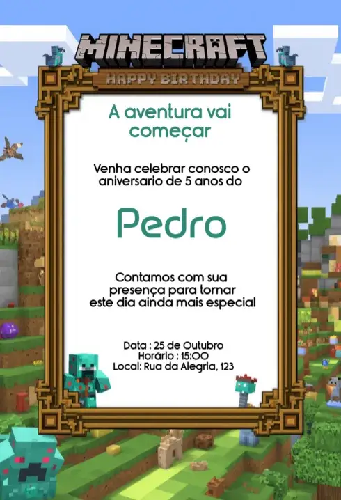 Invitación Convite Minecraft Aniversário Infantil Luxo Digital Editável – tema Aniversário Infantil temática Minecraft, cores vibrantes, elementos gráficos do jogo, estilo moderno, design lúdico