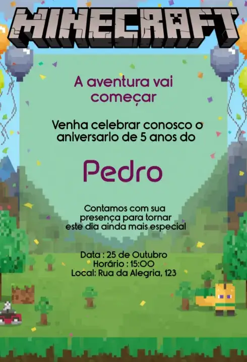 Invitación Convite Minecraft Aniversário Infantil Personalizado Digital – tema Aniversário Infantil temática Minecraft, cores vibrantes, elementos gráficos do jogo, estilo pixelado, atmosfera divertida