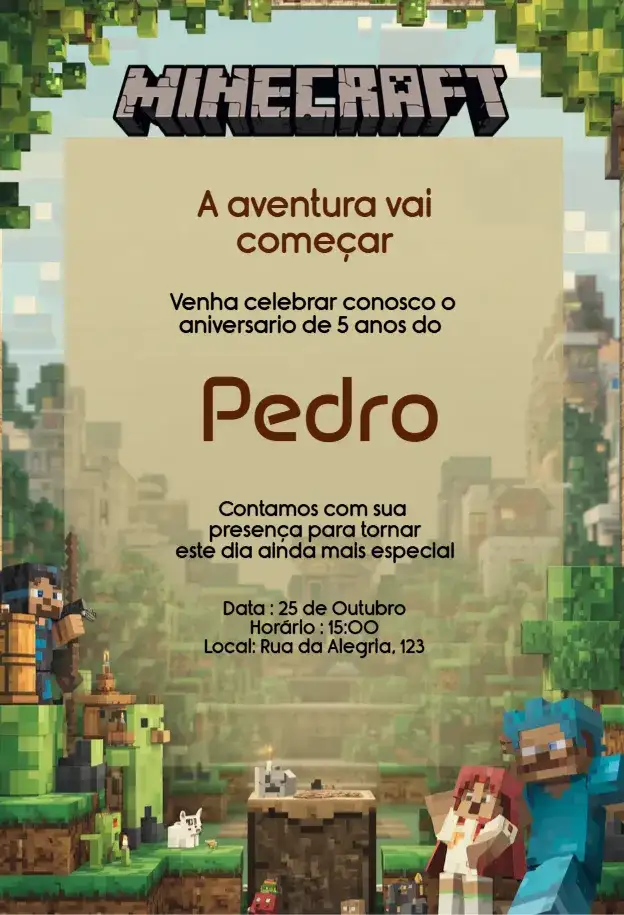Convite Minecraft Aniversário Infantil Premium Digital Editável