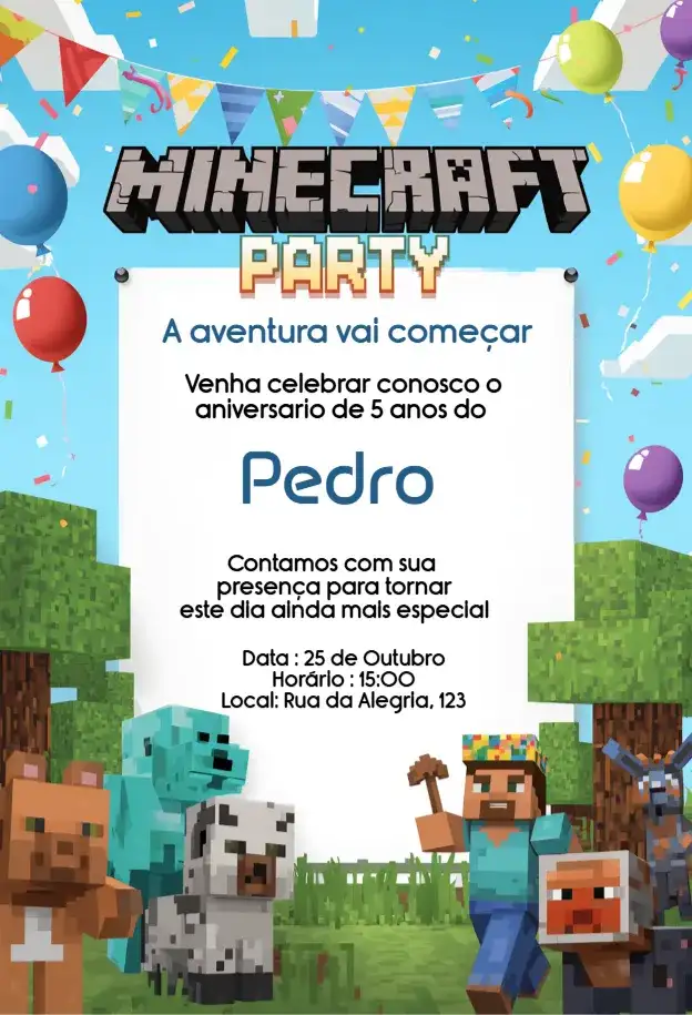 Convite Minecraft Festa Aniversário Infantil Digital Editável