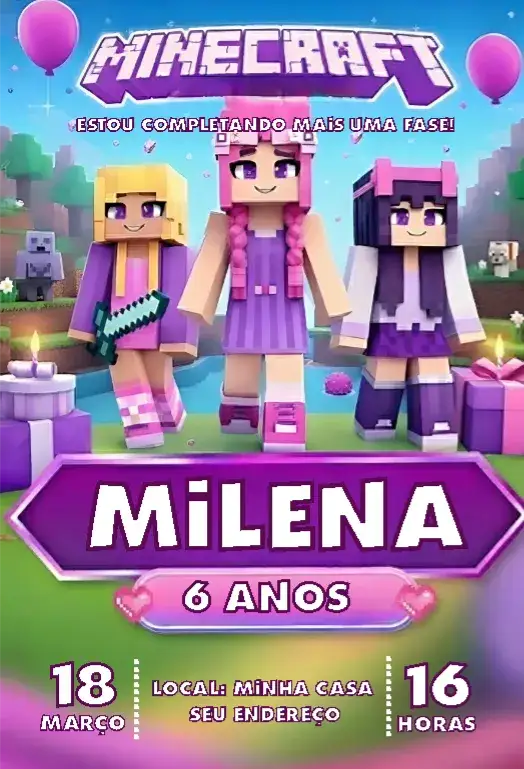 Convite Convite Minecraft Menina – tema Aniversário Infantil Minecraft, colorido, divertido, jovem, lúdico, temático