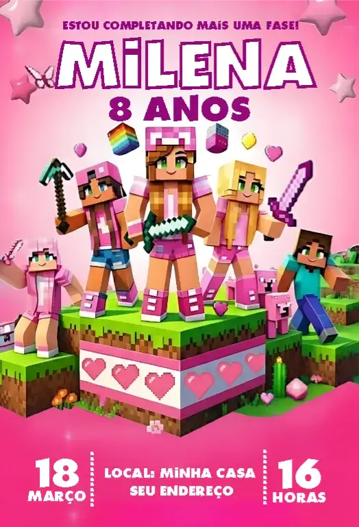Convite Convite Minecraft Menina rosa – tema Aniversário Infantil rosa, gamer, divertido, temático, colorido, infantil