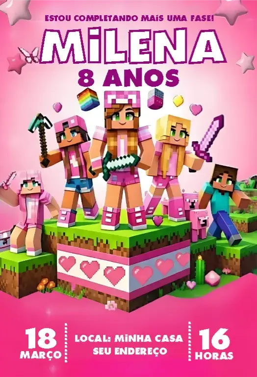 Convite Minecraft Menina rosa