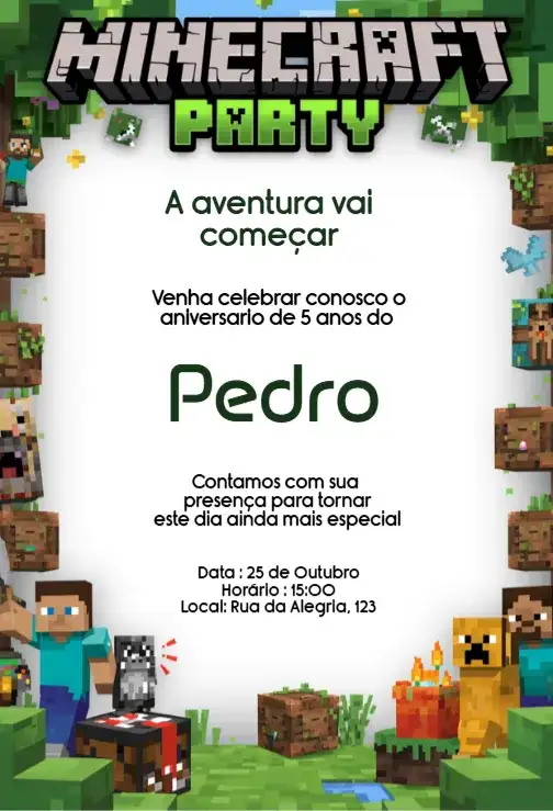 Convite Minecraft Party Aniversário Infantil Digital Editável