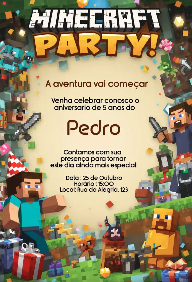 Convite Minecraft Party Aniversário Infantil Digital Editável