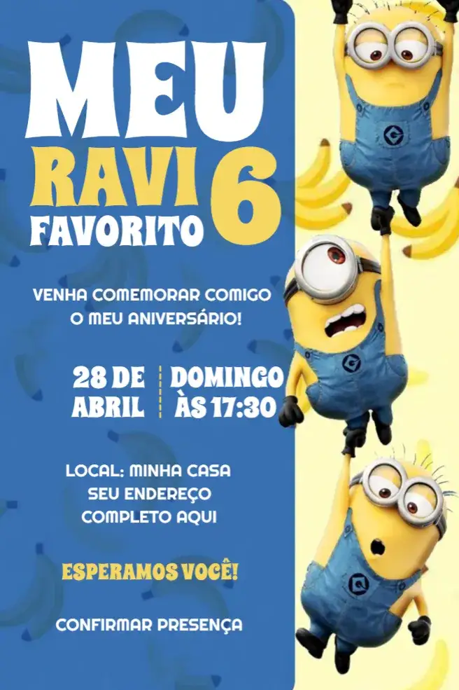 Invitación Invitación Minions – tema Cumpleaños colorido, divertido, temático, infantil, ilustraciones de personajes, alegre