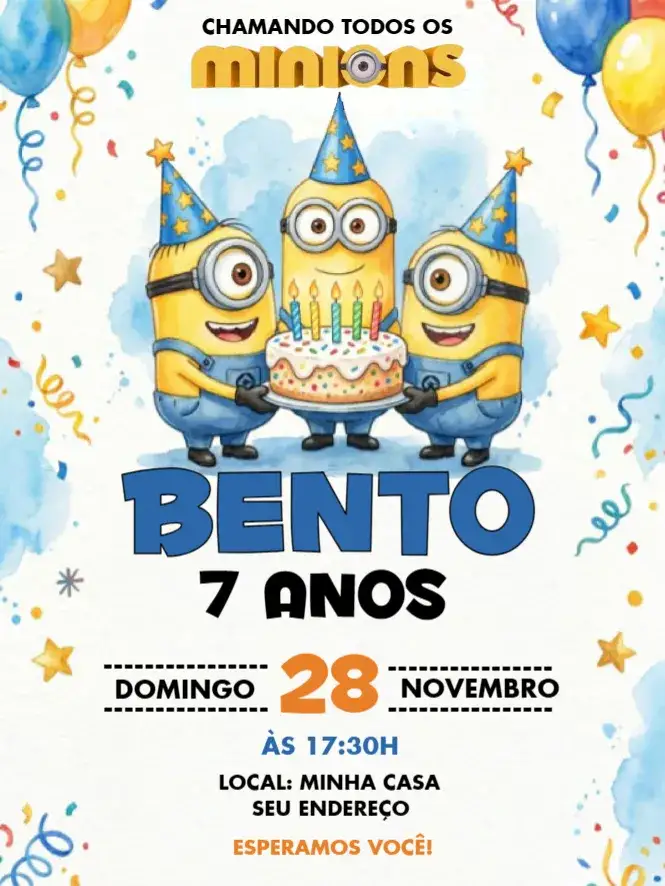 Convite Convite Minions – tema Aniversário colorido, divertido, moderno, infantil, temático, animado