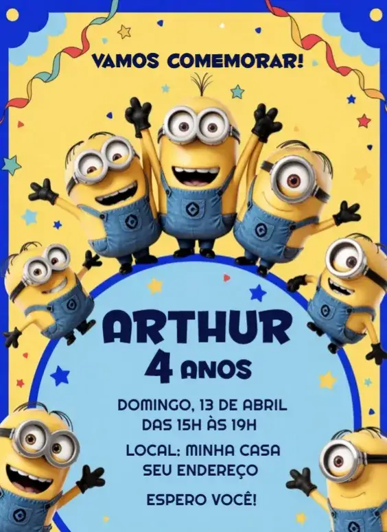 Invitación Invitación Minions Digital – tema Cumpleaños colorido, divertido, infantil, animado, con personajes, moderno