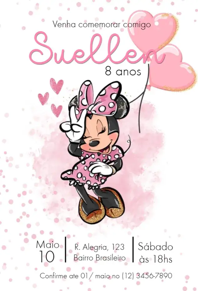 Invitación Invitación Minnie Globos de Corazón – tema Cumpleaños Infantil colores vibrantes, estilo lúdico, elementos de Disney, diseño divertido, temática rosa, globos de colores
