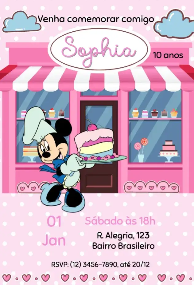 Invitation Minnie Baker Invitation – Kids' Birthday Party theme pink, Disney, children's party, pastry shop, colorful, fun